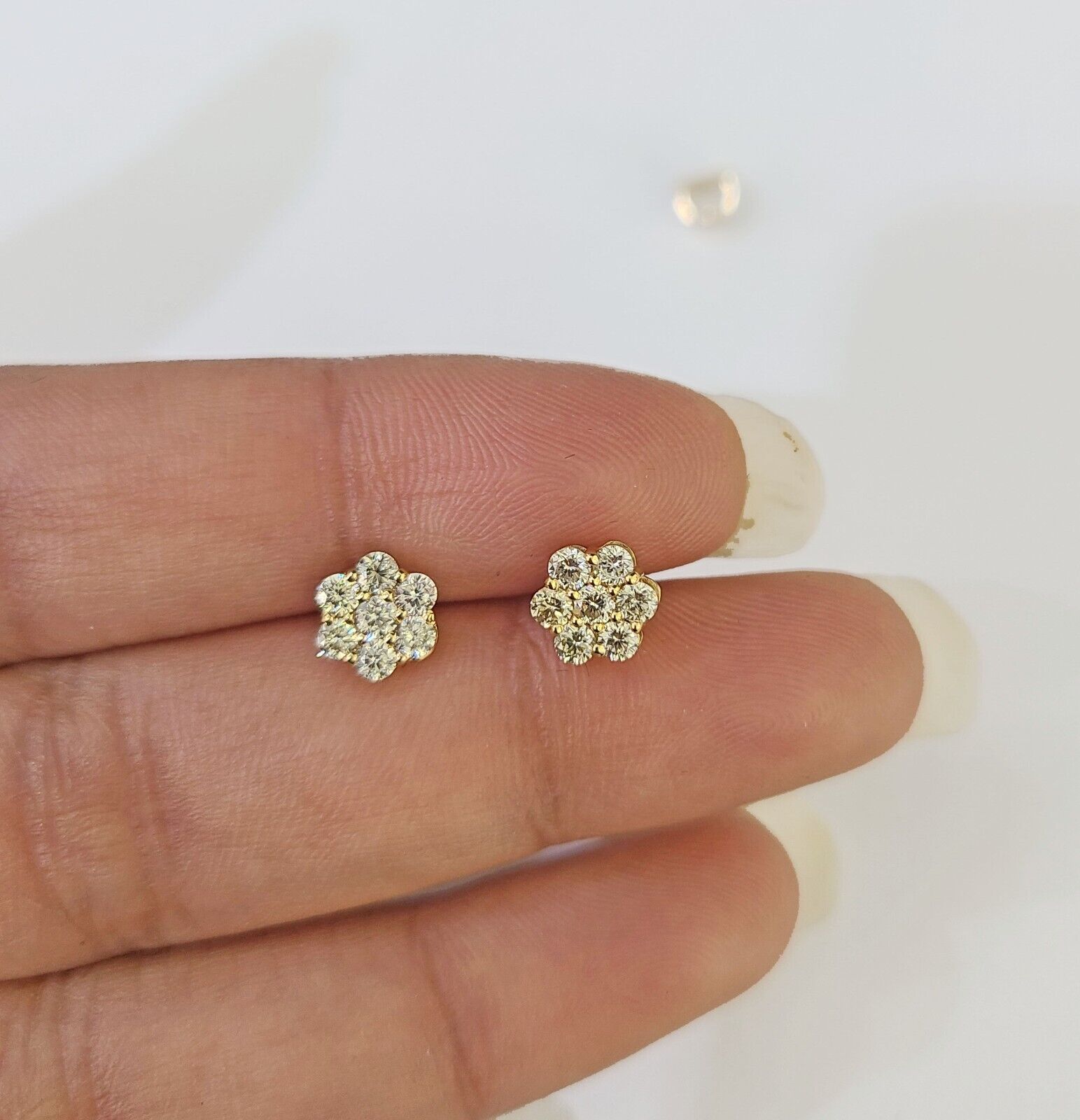 10k Yellow gold Flower Earrings Real Diamond screw - back Women Men studs - GoldenlinQ